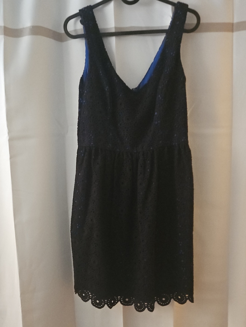 Tori Richard Black Eyelet Mini Dress with Blue Lining And Pockets